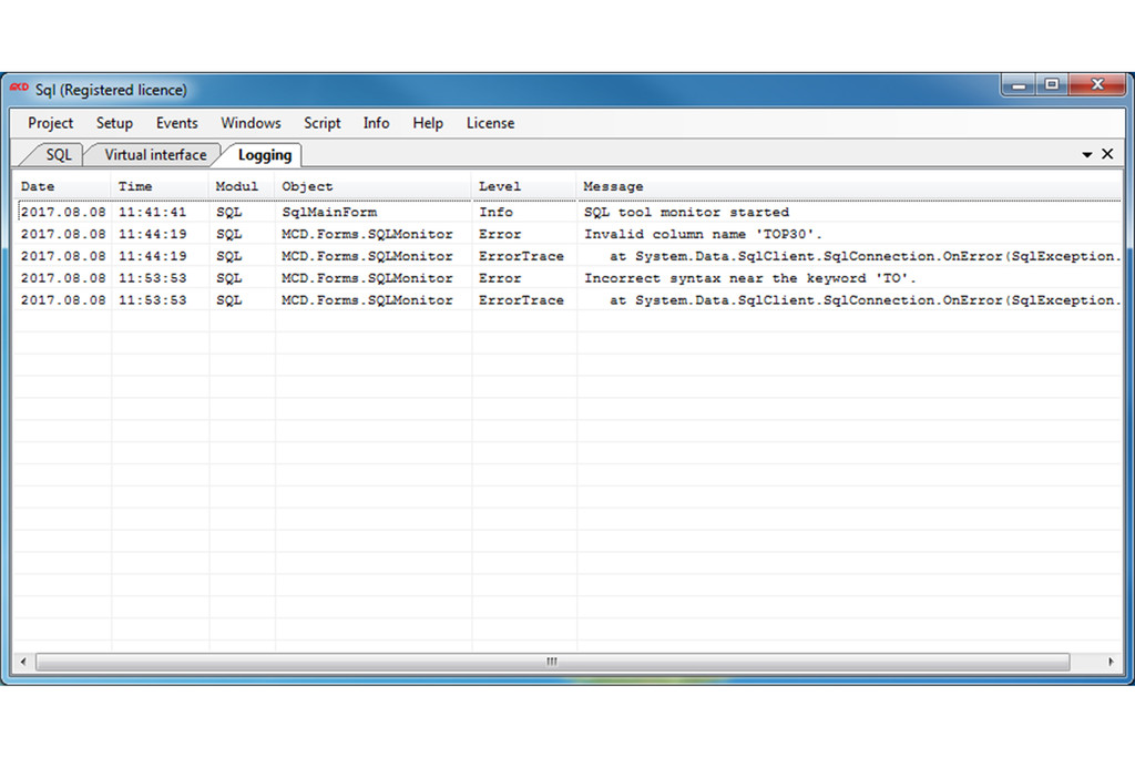 Toolmonitor SQL - Logging-Screen